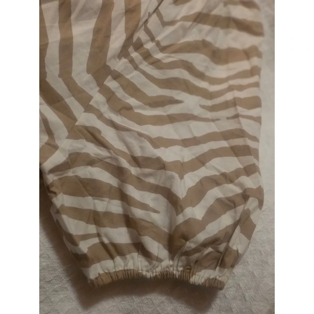 LOFT Tan White Zebra Print Puff Sleeve Tie Neck Blouse XXL